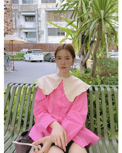 NEON OVERSIZED COLLAR COTTON BLOUSE-PINK