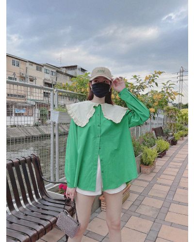 NEON OVERSIZED COLLAR COTTON BLOUSE-GREEN