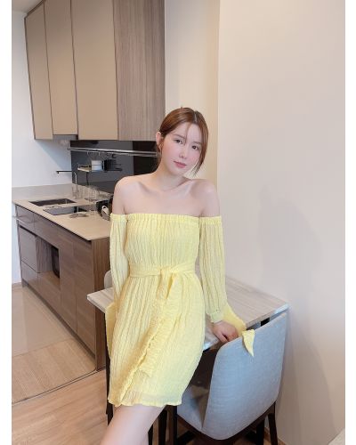 MOJITO BOW SLEEVE OFF SHOULDER DRESS-YELLOW