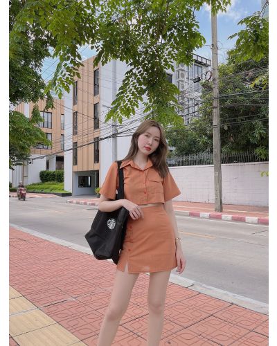 VINCENT CROPPED SHIRT & SKIRT SET-ORANGE