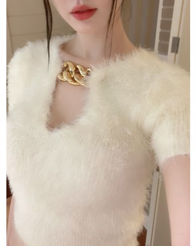 FLUFFY DEEP NECK KNIT TOP-VANILLA