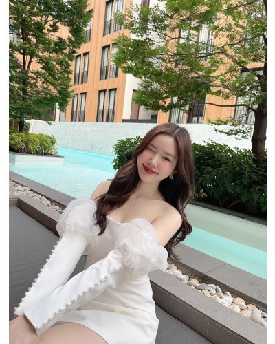 ORGANDY PEARL SLEEVE OFF SHOULDER DRESS