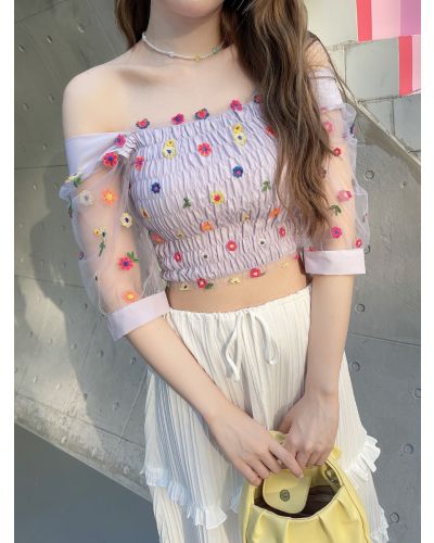 POSY SEE-THROUGH SLEEVE CROP TOP