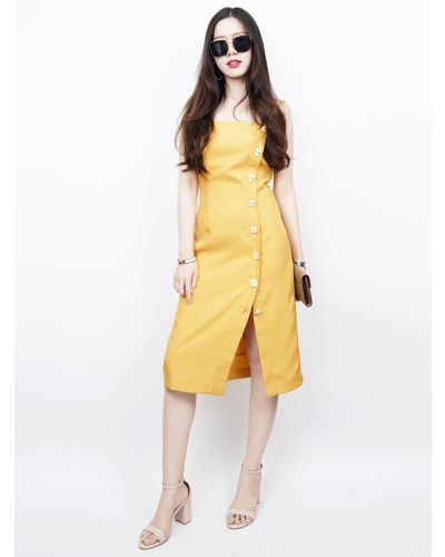 DELILAH BUTTON FRONT SINGLET DRESS-MUSTARD-S