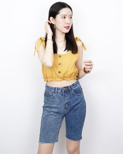 SONIA BOW SHOULDER CROP TOP-MUSTARD