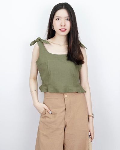 SYRUP BOW SINGLET LINEN TOP-OLIVE