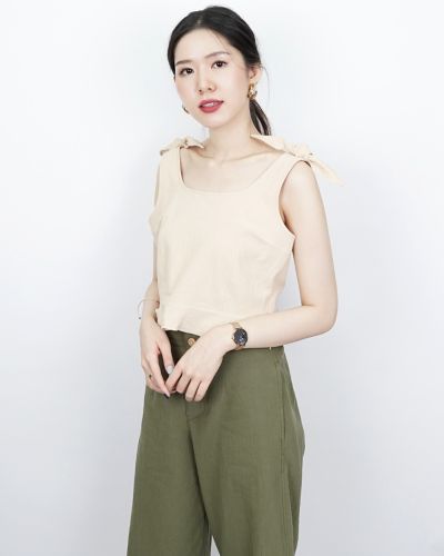 SYRUP BOW SINGLET LINEN TOP-BEIGE