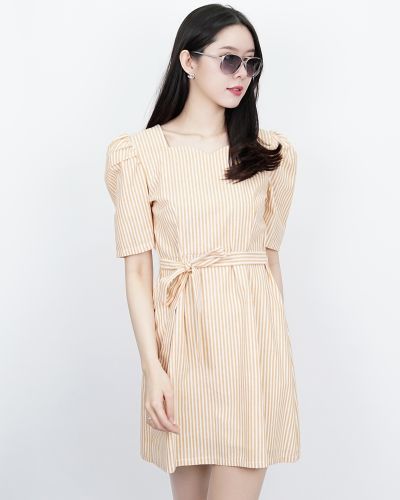 CELENE STRIPED TIE WAIST DRESS-MUSTARD