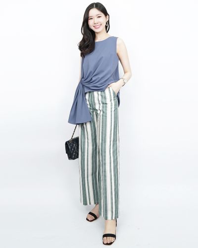 VINTAGE STRIPE COTTON PANTS-GREEN-L