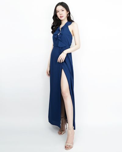 VICTORIA RUFFLE TIE WAIST MAXI DRESS-NAVY