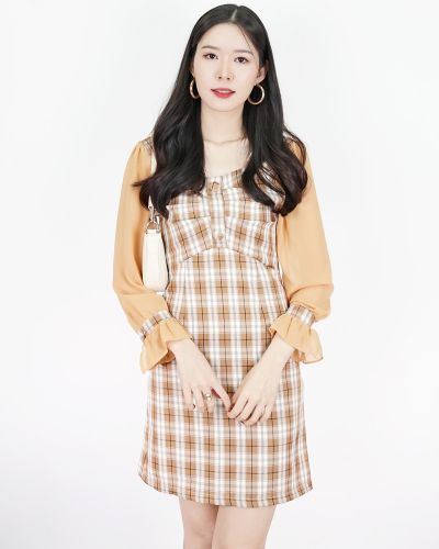 JOYCE DRAPED TARTAN DRESS-BROWN-S