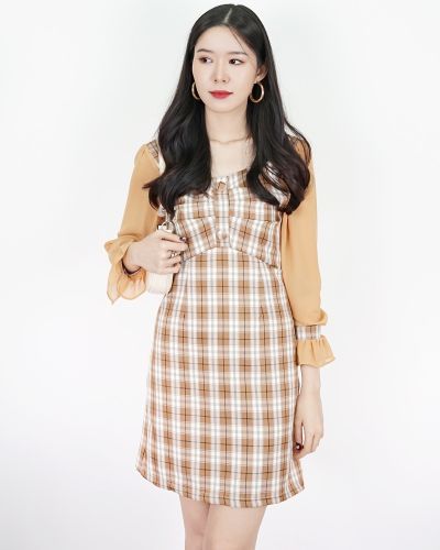 JOYCE DRAPED TARTAN DRESS-BROWN-L