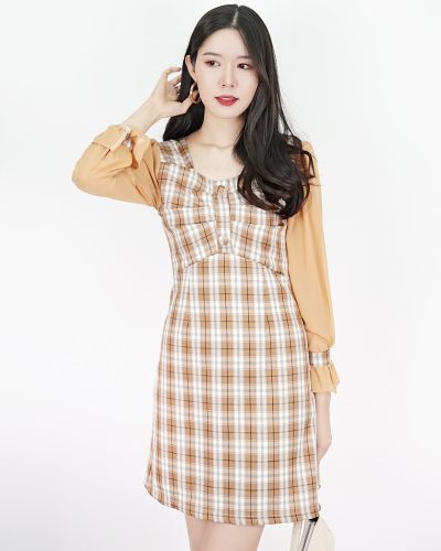 JOYCE DRAPED TARTAN DRESS-BROWN-M