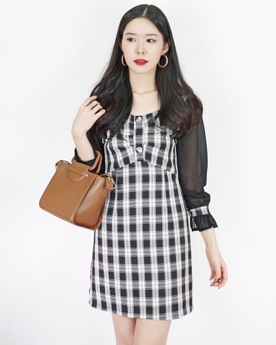 JOYCE DRAPED TARTAN DRESS-BLACK-L