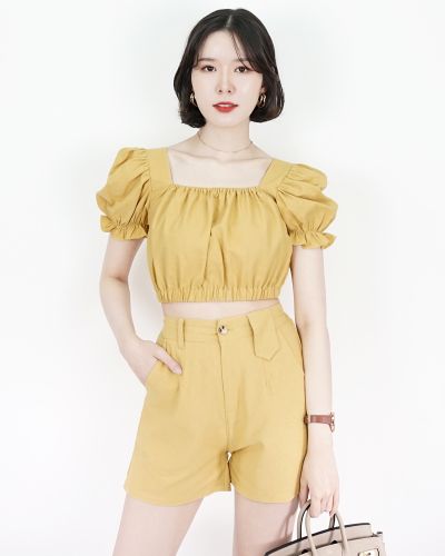 ANNA BASIC LINEN SHORTS-MUSTARD