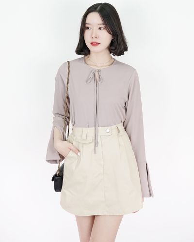 AUDREY BOW SPLIT SLEEVE BLOUSE-TAUPE