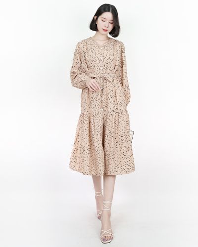 DOTTED BUTTON MIDI DRESS-NUDE