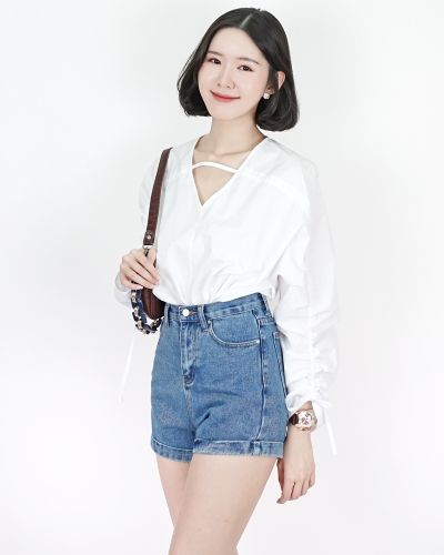 FOLDED HIGH WAISTED DENIM SHORTS-BLUE-L