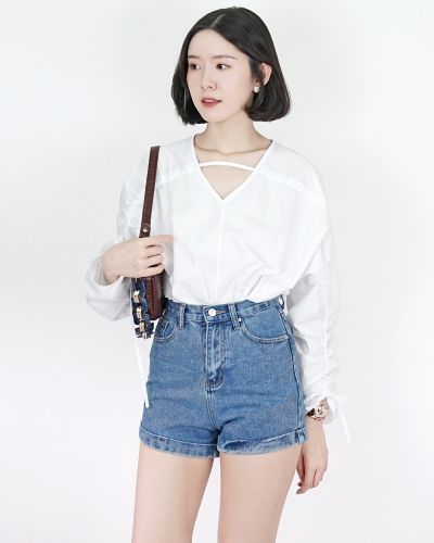 FOLDED HIGH WAISTED DENIM SHORTS-BLUE-M