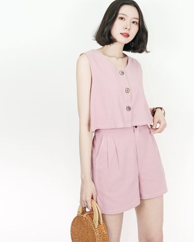 PRESTON HIGH WAIST LINEN SHORTS-PINK