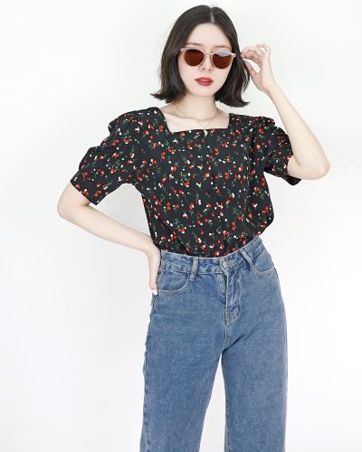 POPPY FLORAL CHIFFON BLOUSE-BLACK