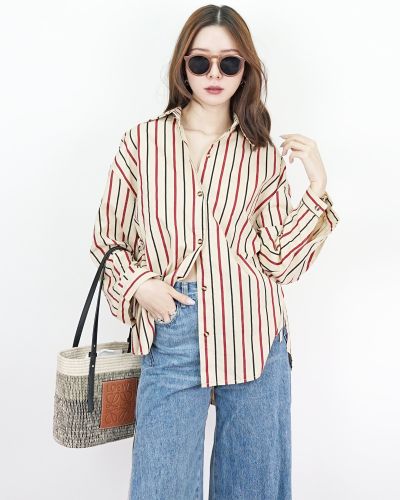 STRIPE DRAWSTRING OVERSIZED SHIRT-CARMINE