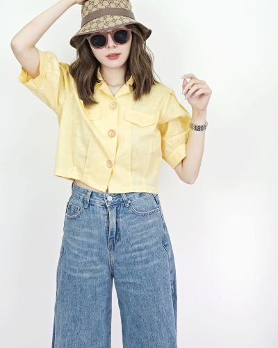 SEASON LINEN CROP SHIRT-YELLOW