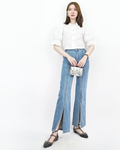 FLARED SPLIT LEG DENIM PANTS