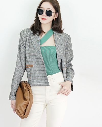 MEZZO PLAID OVERSIZED BLAZER-BROWN-S