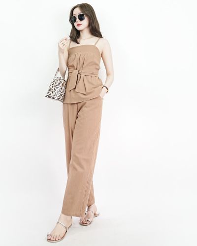 ISLAND BOW BACK LINEN TOP & PANTS SET-BROWN