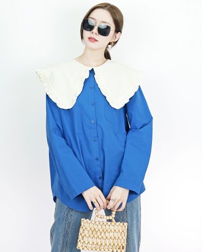 NEON OVERSIZED COLLAR COTTON BLOUSE-BLUE