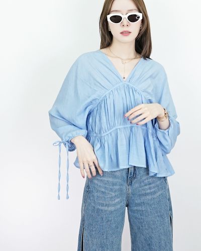 CASCADE BOW SLEEVE SLOUCHY BLOUSE-BLUE