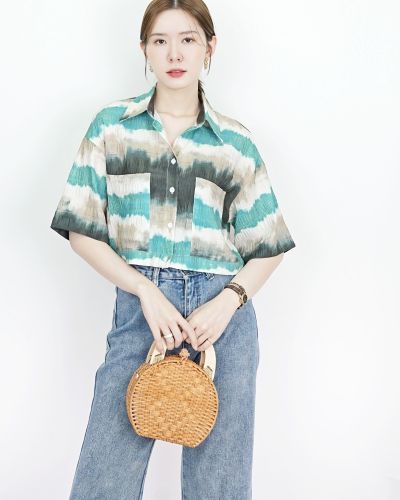 WATERCOLOUR CHIFFON CROP SHIRT-GREEN