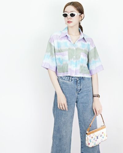 WATERCOLOUR CHIFFON CROP SHIRT-BLUE