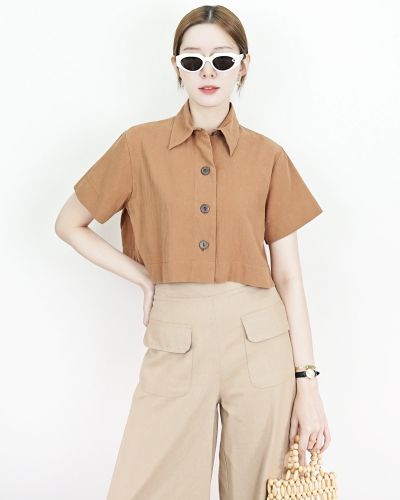 MOTIF COTTON LINEN CROPPED SHIRT-BROWN