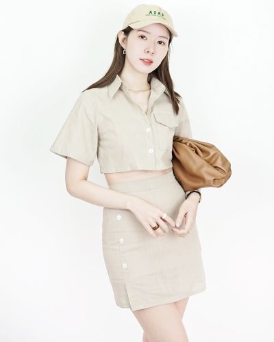 VINCENT CROPPED SHIRT & SKIRT SET-BEIGE