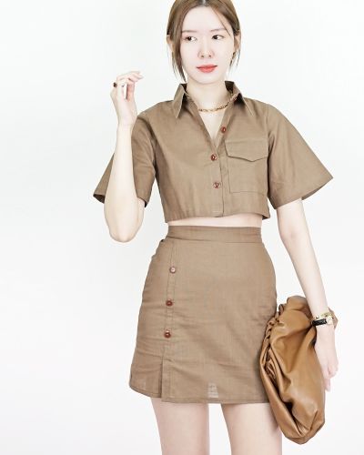 VINCENT CROPPED SHIRT & SKIRT SET-BROWN