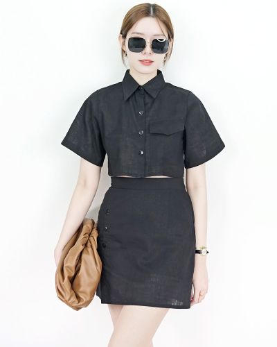 VINCENT CROPPED SHIRT & SKIRT SET-BLACK