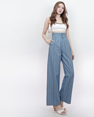 DOUBLE BUTTON STRIPED HIGH WAIST PANTS