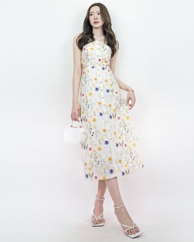 FLORIST EMBROIDERED COTTON MAXI DRESS