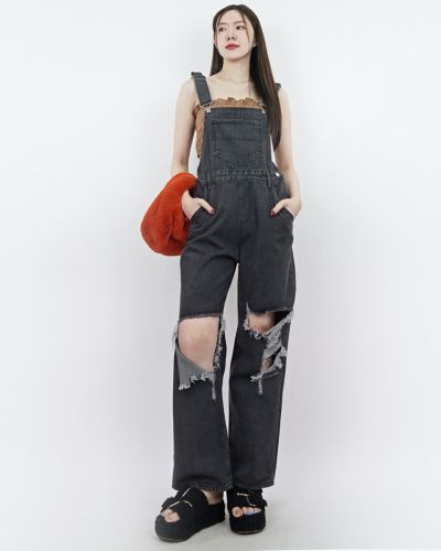 CHARCOAL RIPPED DENIM DUNGAREES