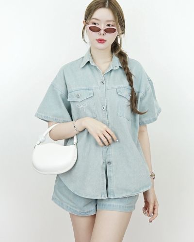 BOW OVERSIZED DENIM SHIRT & SHORTS SET