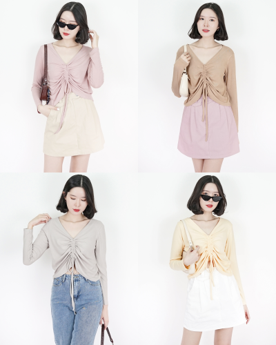 BENA DRAWSTRING RIBBED LONG SLEEVE TOP