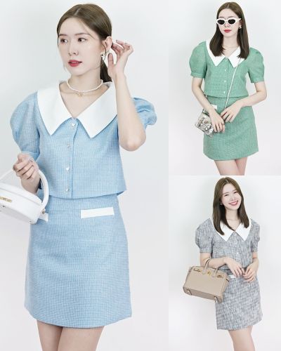 PREPPY COLLAR TWEED BLOUSE & SKIRT SET