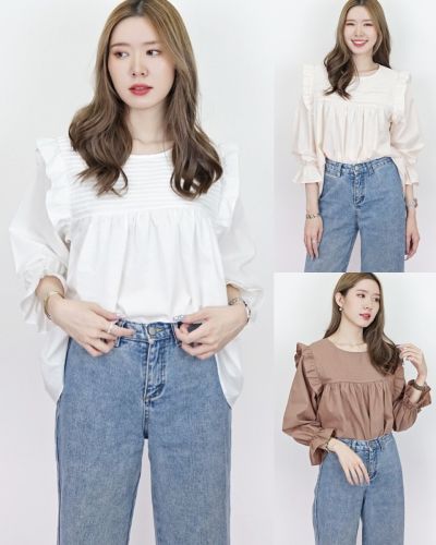 GRETEL PINTUCK RUFFLE COTTON BLOUSE