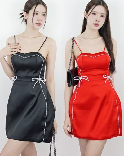 RUBY CRYSTAL BOW SATIN SINGLET DRESS