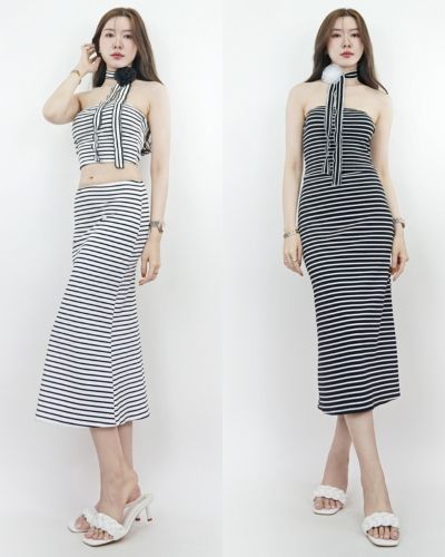 FLOWER STRIPE TUBE TOP & MIDI SKIRT SET