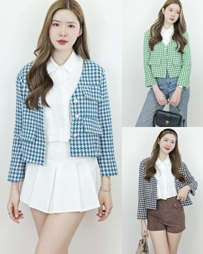 HOUNDSTOOTH V NECK TWEED JACKET