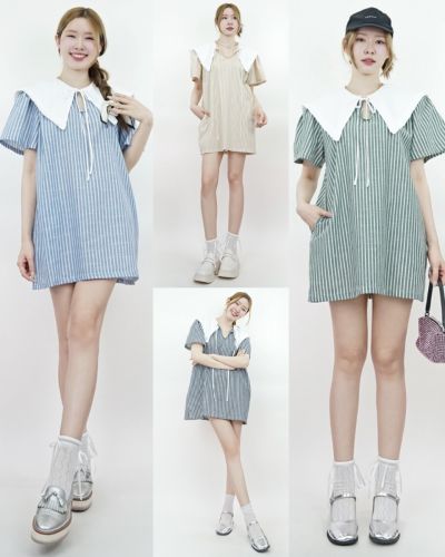 STRIPE PUDDING BOW OVERSIZED COLLAR DRESS