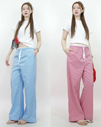 GINGHAM RUFFLE WAIST PANTS